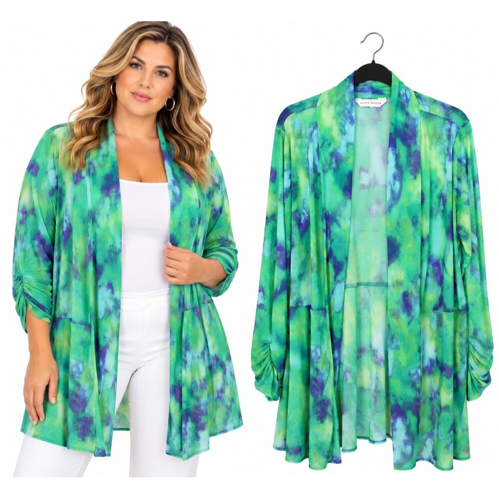 Susan Graver Floral Mesh Cardigan Size 2XP Green Watercolor Open Front Duster